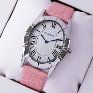 Cartier Baignoire steel large imitation watch for women pink leather strap