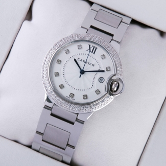 Ballon Bleu de Cartier medium steel replica watch with two rows diamonds on bezel