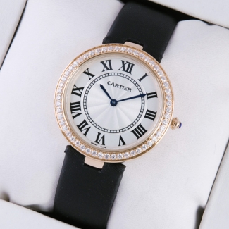Ronde Solo de Cartier pink gold black stain strap ladies watch with single row diamond bezel