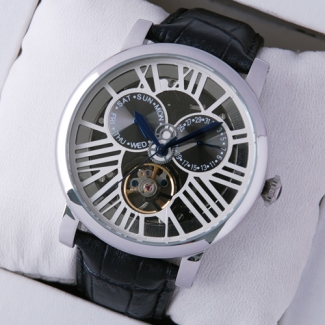 Rotonde de Cartier tourbillon skeleton watch for men steel black leather strap