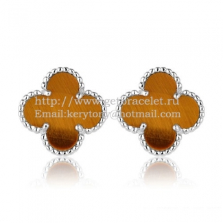 Van Cleef & Arpels Sweet Alhambra Earrings 15mm White Gold With Tiger's Eye Mother Of Pearl