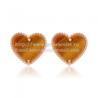 Van Cleef & Arpels Sweet Alhambra Heart Earrings Pink Gold With Tiger's Eye Mother Of Pearl
