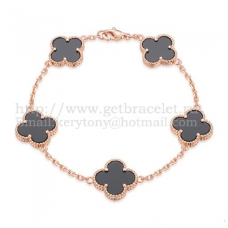 Van Cleef & Arpels Vintage Alhambra Bracelet 5 Motifs Pink Gold With Black Agate Mother Of Pearl