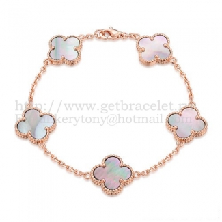 Van Cleef & Arpels Vintage Alhambra Bracelet 5 Motifs Pink Gold With Gray Mother Of Pearl