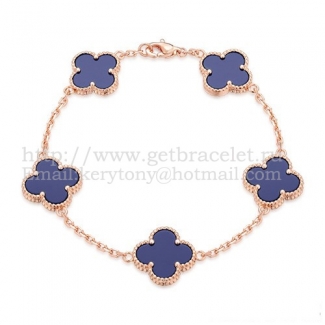 Van Cleef & Arpels Vintage Alhambra Bracelet 5 Motifs Pink Gold With Lapis Mother Of Pearl