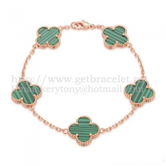 Van Cleef & Arpels Vintage Alhambra Bracelet 5 Motifs Pink Gold With Malachite Mother Of Pearl