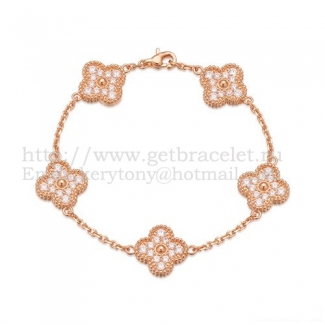 Van Cleef & Arpels Vintage Alhambra Bracelet 5 Motifs Pink Gold With Round Diamonds