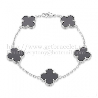 Van Cleef & Arpels Vintage Alhambra Bracelet 5 Motifs White Gold With Black Agate Mother Of Pearl