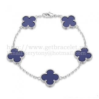 Van Cleef & Arpels Vintage Alhambra Bracelet 5 Motifs White Gold With Lapis Mother Of Pearl