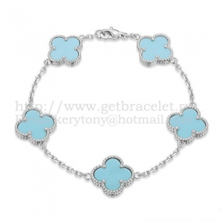 Van Cleef & Arpels Vintage Alhambra Bracelet 5 Motifs White Gold With Turquoise Mother Of Pearl