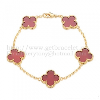 Van Cleef & Arpels Vintage Alhambra Bracelet 5 Motifs Yellow Gold With Carnelian Mother Of Pearl