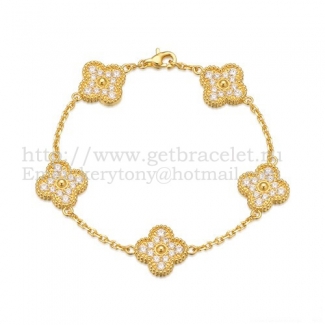 Van Cleef & Arpels Vintage Alhambra Bracelet 5 Motifs Yellow Gold With Round Diamonds