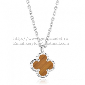 Van Cleef & Arpels Sweet Alhambra Pendant White Gold With Tiger's Eye Mother Of Pearl 9mm