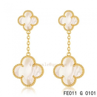 Fake Van Cleef & Arpels Alhambra Yellow Gold Earrings White Mother Of Pearl