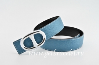 Hermes Reversible Belt Blue/Black Anchor Chain Togo Calfskin With 18k Silver Buckle