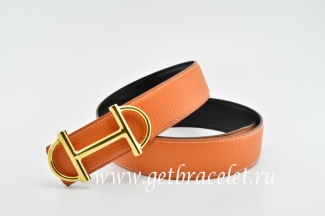 Hermes Reversible Belt Orange/Black Anchor Chain Togo Calfskin With 18k Gold Buckle