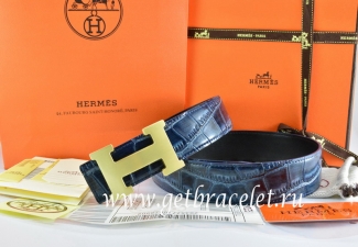 Hermes Reversible Belt Blue/Black Crocodile Stripe Leather With18K Gold H Buckle