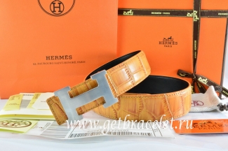 Hermes Reversible Belt Orange/Orange Crocodile Stripe Leather With18K Silver H Buckle