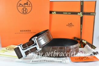 Hermes Reversible Belt Brown/Black Crocodile Stripe Leather With18K Silver Idem With Logo Buckle