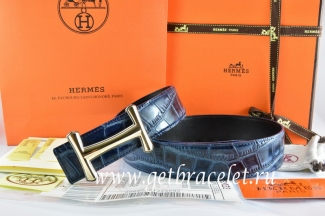 Hermes Reversible Belt Blue/Black Crocodile Stripe Leather With18K Gold Idem Buckle