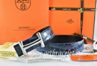 Hermes Reversible Belt Blue/Black Crocodile Stripe Leather With18K Silver Idem Buckle