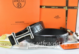 Hermes Reversible Belt Black/Black Crocodile Stripe Leather With18K Silver Idem Buckle