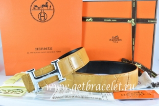 Hermes Reversible Belt Orange/Black Crocodile Stripe Leather With18K Silver Idem With Logo Buckle