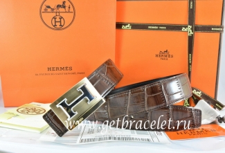 Hermes Reversible Belt Brown/Black Crocodile Stripe Leather With18K Gold Big H Buckle