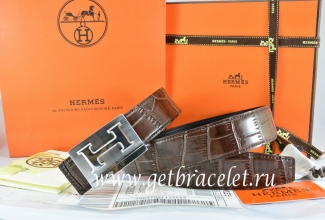 Hermes Reversible Belt Brown/Black Crocodile Stripe Leather With18K Silver Big H Buckle