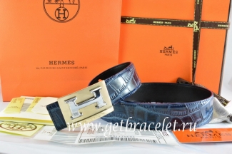 Hermes Reversible Belt Blue/Black Crocodile Stripe Leather With18K Gold Big H Buckle