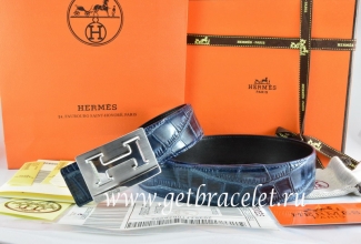 Hermes Reversible Belt Blue/Black Crocodile Stripe Leather With18K Silver Big H Buckle
