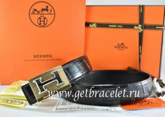 Hermes Reversible Belt Black/Black Crocodile Stripe Leather With18K Gold Big H Buckle