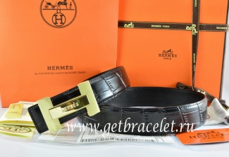 Hermes Reversible Belt Black/Black Crocodile Stripe Leather With18K Gold H Logo Buckle