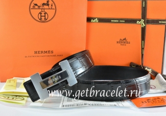 Hermes Reversible Belt Black/Black Crocodile Stripe Leather With18K Silver H Logo Buckle