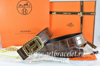Hermes Reversible Belt Brown/Black Crocodile Stripe Leather With18K Gold Lace Strip H Buckle