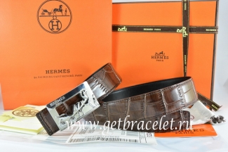 Hermes Reversible Belt Brown/Black Crocodile Stripe Leather With18K Silver Coach Buckle