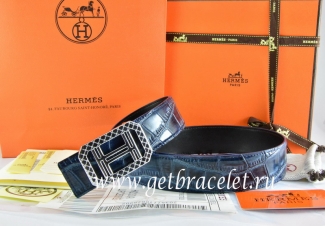 Hermes Reversible Belt Blue/Black Crocodile Stripe Leather With18K Silver Lace Strip H Buckle
