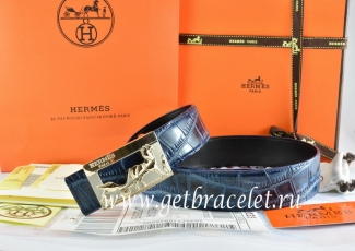 Hermes Reversible Belt Blue/Black Crocodile Stripe Leather With18K Gold Coach Buckle
