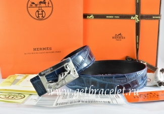 Hermes Reversible Belt Blue/Black Crocodile Stripe Leather With18K Silver Coach Buckle