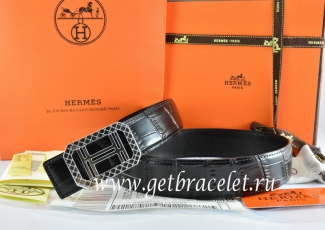 Hermes Reversible Belt Black/Black Crocodile Stripe Leather With18K Silver Lace Strip H Buckle