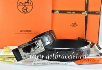 Hermes Reversible Belt Black/Black Crocodile Stripe Leather With18K Silver Coach Buckle