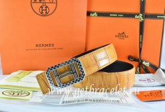 Hermes Reversible Belt Orange/Orange Crocodile Stripe Leather With18K Silver Lace Strip H Buckle