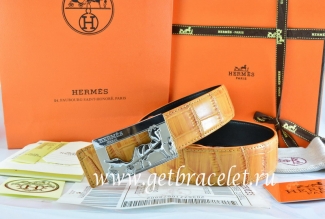 Hermes Reversible Belt Orange/Orange Crocodile Stripe Leather With18K Silver Coach Buckle