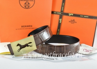 Hermes Reversible Belt Brown/Black Crocodile Stripe Leather With18K Gold Hollow Horse Buckle