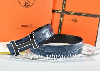 Hermes Reversible Belt Blue/Black Crocodile Stripe Leather With18K Black Silver H Buckle