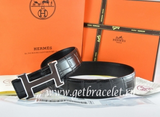 Hermes Reversible Belt Black/Black Crocodile Stripe Leather With18K Black Silver H Buckle