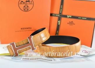 Hermes Reversible Belt Orange/Black Crocodile Stripe Leather With18K Orange Silver H Buckle
