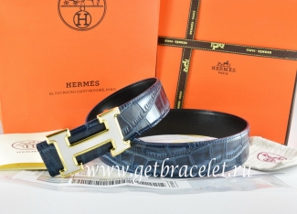 Hermes Reversible Belt Blue/Black Crocodile Stripe Leather With18K White Gold H Buckle