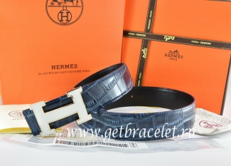 Hermes Reversible Belt Blue/Black Crocodile Stripe Leather With18K White Silver H Buckle