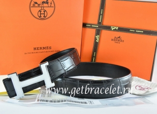 Hermes Reversible Belt Black/Black Crocodile Stripe Leather With18K White Silver Narrow H Buckle